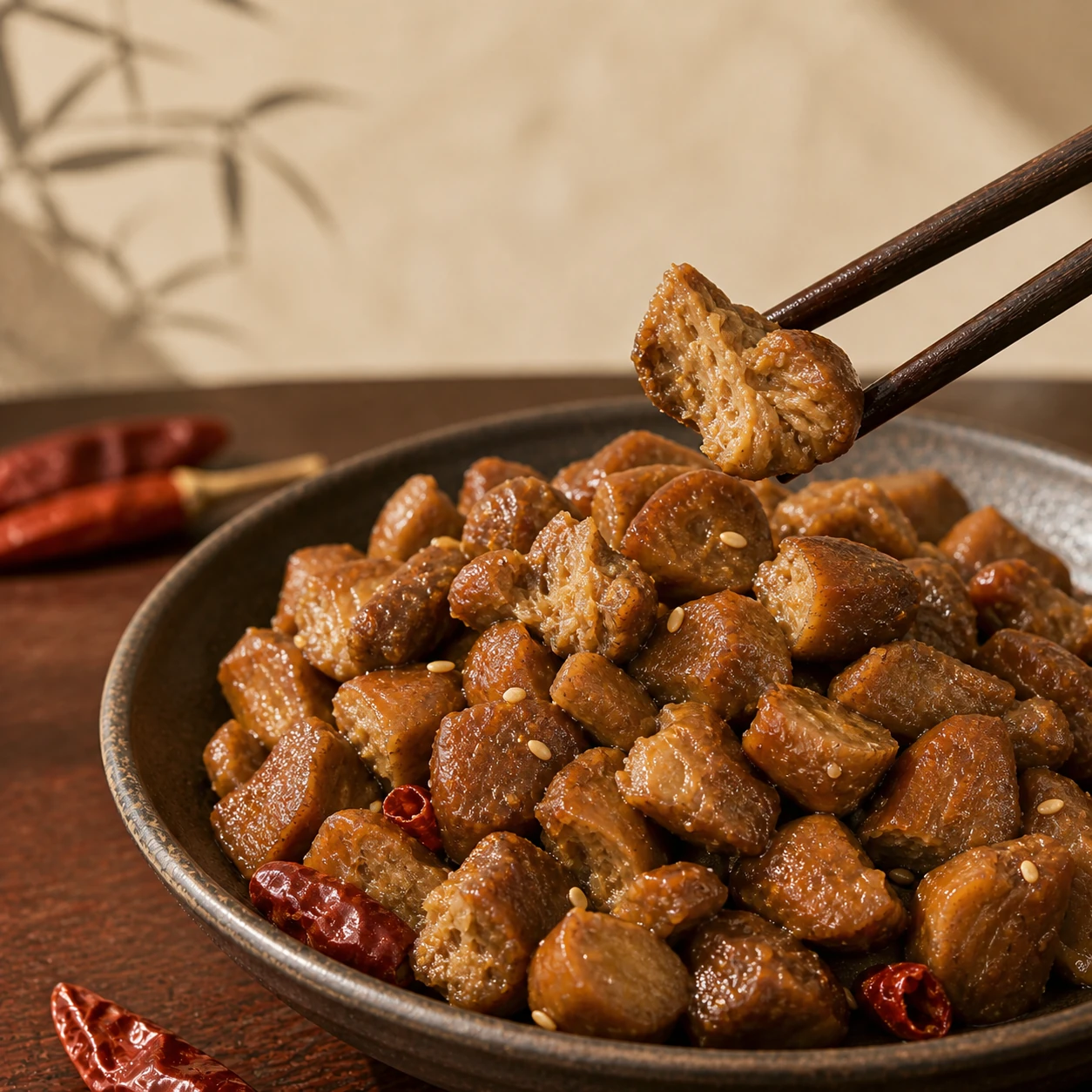 筷子夹起花蝴蝶爆汁香菇,露出厚实菌肉